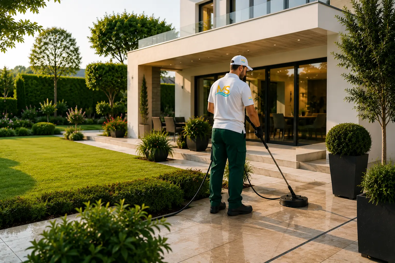 Technicien Manser Services nettoyant une terrasse à domicile