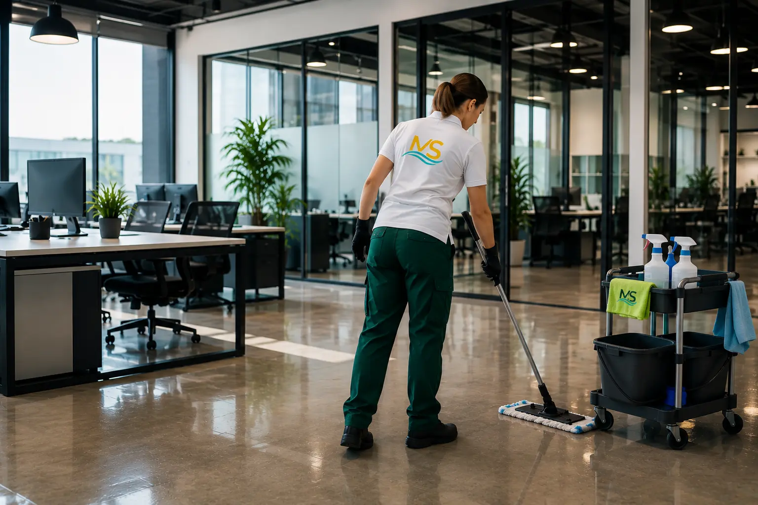 Technicienne Manser Services nettoyant des bureaux professionnels